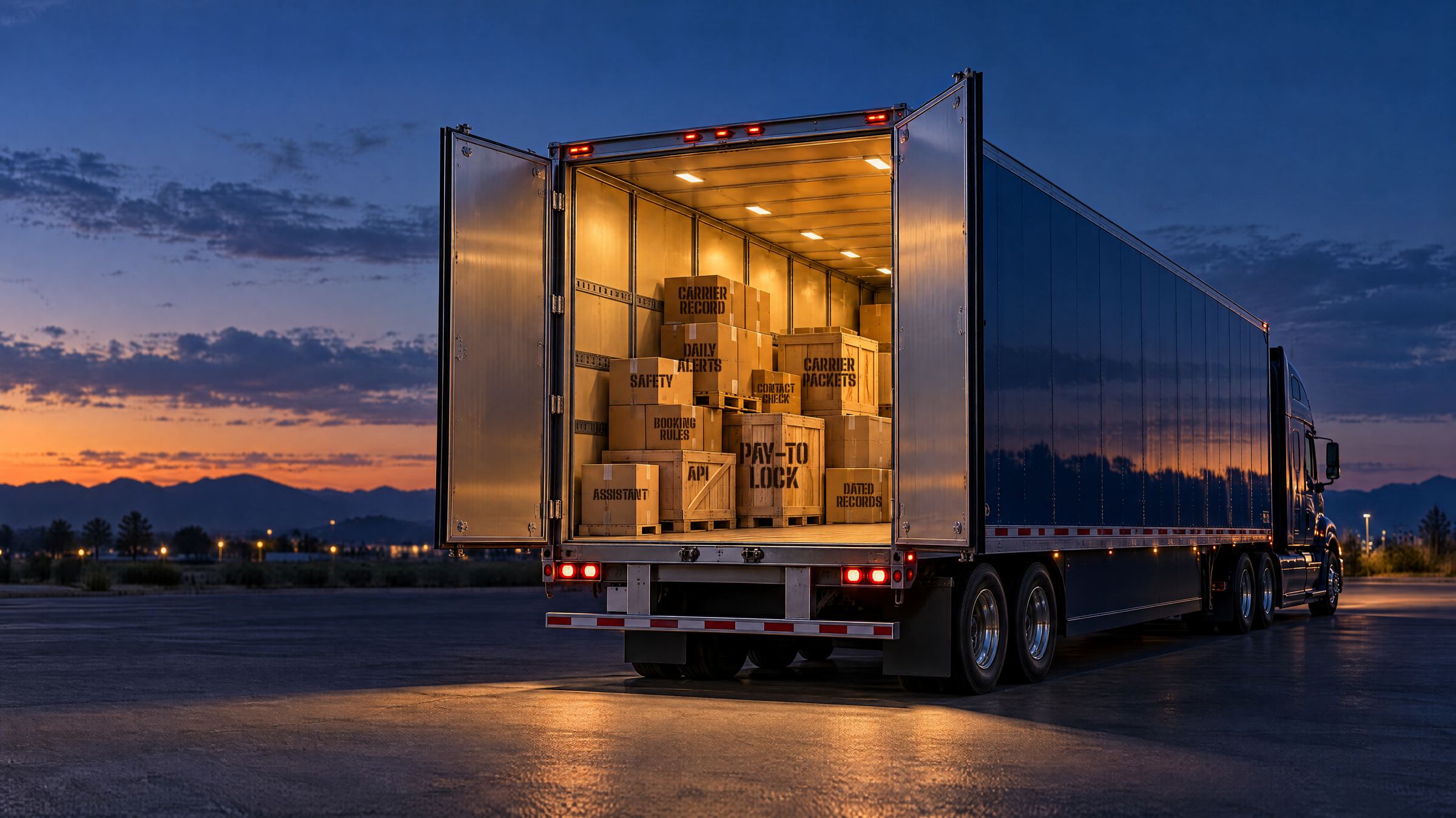 A navy semi-trailer at dusk with its rear doors open and lit cargo boxes inside. Each box is stencilled with a Carrier Ledger feature: carrier record, daily alerts, Pay-to Lock, carrier packets, safety, contact check, booking rules, assistant, API, dated records.